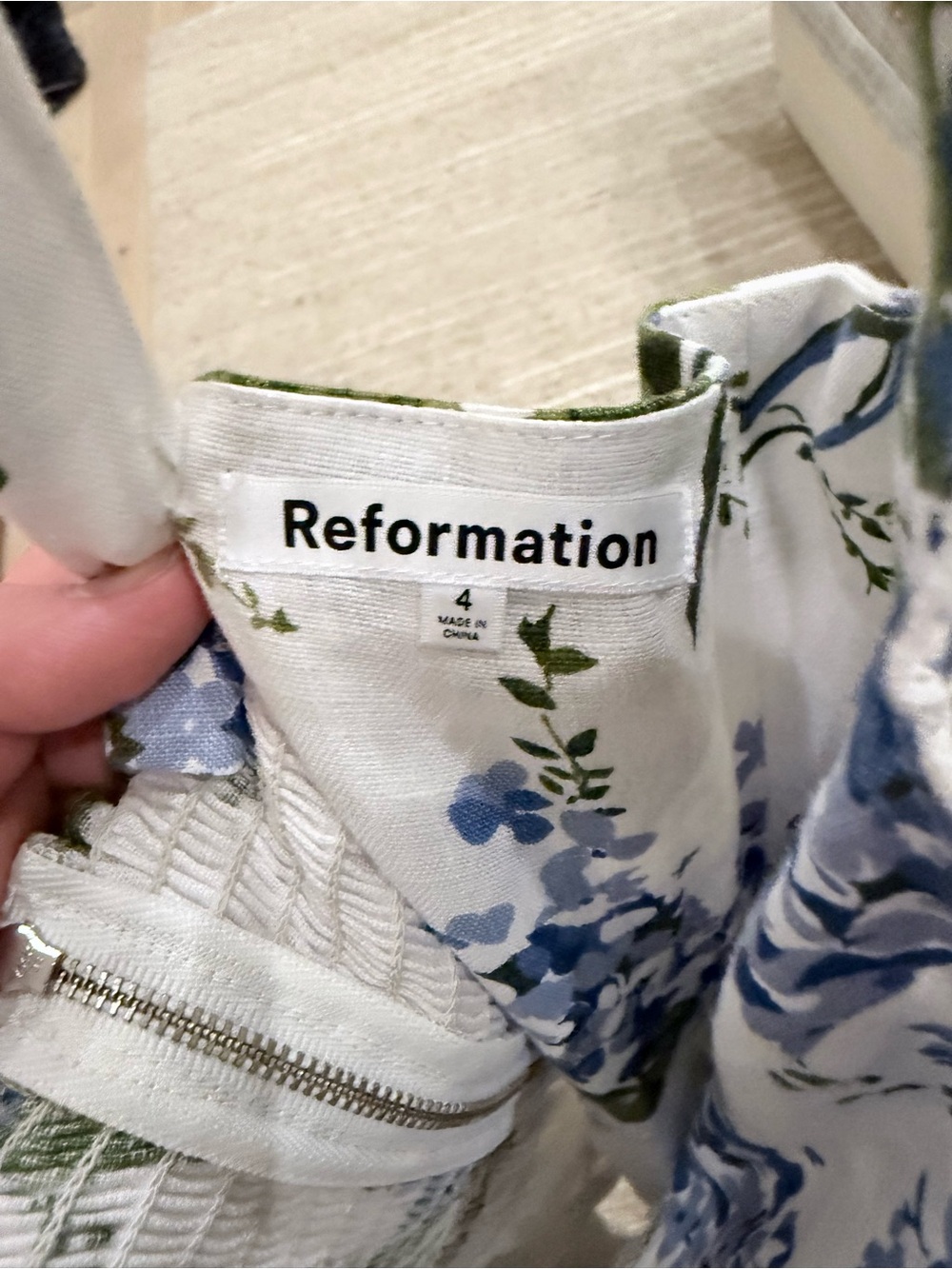 Reformation Cream Dress with Blue Floral and Green Leaf Print - Picture 3 of 3